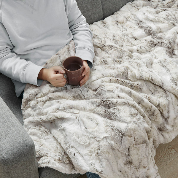 JLA Home Madison Park - Oversized Faux Fur Throw with Luxurious Marble Print — Extra-Large Plush, Machine-Washable Comfort Natural MP50-4907