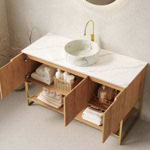 English Elm 48" Freestanding Bathroom Vanity Cabinet Sintered Stone Top Woodgrain Finish Open Shelf W2615S00464