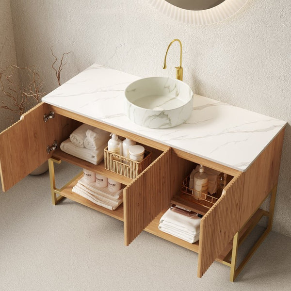 English Elm 48" Freestanding Bathroom Vanity Cabinet Sintered Stone Top Woodgrain Finish Open Shelf W2615S00464