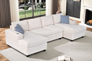 English Elm Multifunctional Corduroy Modular Sectional with Dual Chaise Cup Holders Living Room Beige B2730S00073