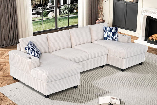 English Elm Multifunctional Corduroy Modular Sectional with Dual Chaise Cup Holders Living Room Beige B2730S00073