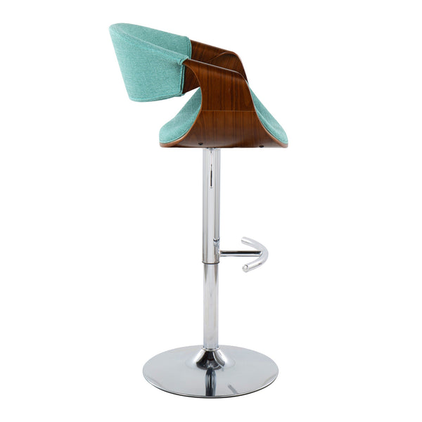 English Elm Curvo Mid-Century Modern Adjustable Barstool Set Of 2 With Chrome Base, Teal Fabric & Walnut Wood B202S00808