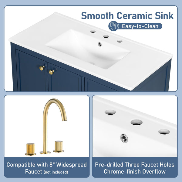 English Elm Christopher Knight Home® - 36" Vintage-inspired Bathroom Vanity with Ceramic Sink, Solid Wood Frame, Soft-Close Drawers, Spacious Storage Blue N759P293646C