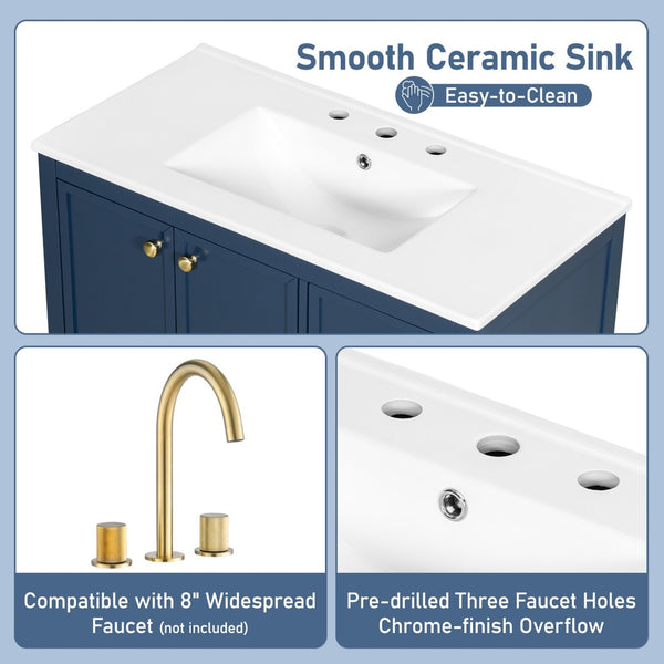 English Elm 36" Solid Pine Bathroom Vanity with Ceramic Sink 4 Soft Close Drawers Vintage Style Blue N759S293646C