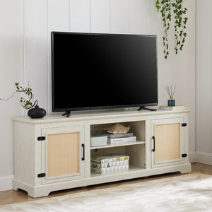 English Elm Farmhouse Rattan TV Stand Console Table with Ample Storage, Cable Management & Adjustable Shelves for 70" TVs Antique White W1758P178930