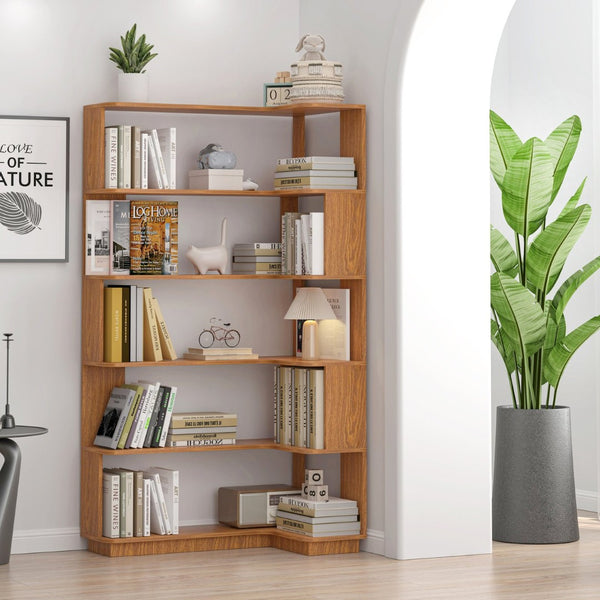 English Elm 90cm L-shaped Corner Bookcase Five Tier Mdf Open Shelving for Living Room W2899P444150