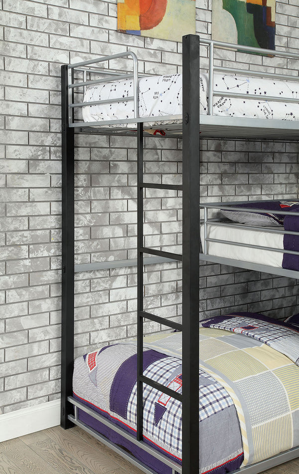 English Elm Unique Triple Twin Decker Bed Modern Metal 3-Tier Bunk with Dual Ladders, Guard Rails, Space-Saving Design B2741S00349