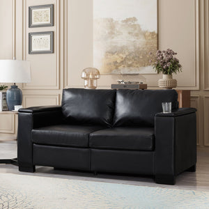 English Elm 67.7" Modern Loveseat Sofa with Cup Holders and Hidden Storage, Polyester Upholstery, Solid Wood Frame Black W1097S00199