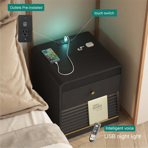 English Elm Nightstand Smart Bedside Cabinet with Led Strip Charging Station and Voice Night Light Black W1321P413943