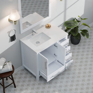English Elm White 36 in. Bath Vanity with Left Offset White Quartz Top, Faucet Set, Soft-Close Drawers & Storage B2731P259019