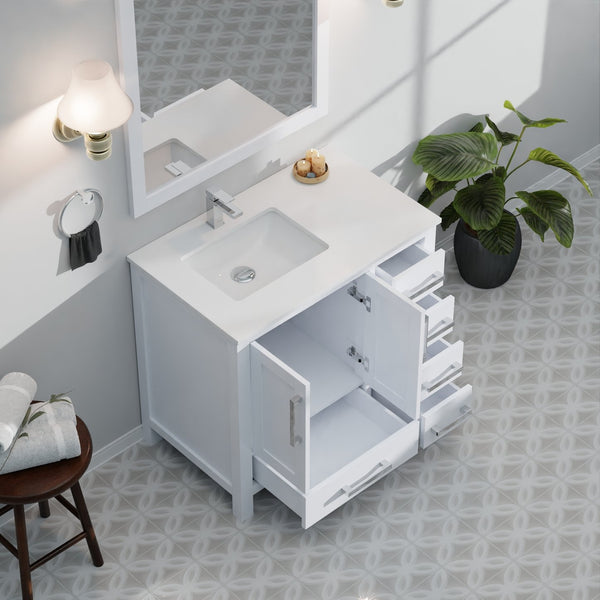 English Elm White 36 in. Bath Vanity with Left Offset White Quartz Top, Faucet Set, Soft-Close Drawers & Storage B2731P259019