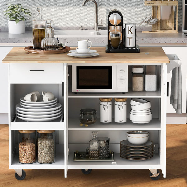 English Elm K&K Kitchen Island with Foldable Countertop, Spacious Mobile Storage Cart, Soft-Close Doors, Durable Rubberwood Top and Locking Wheels White N707P173036W