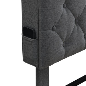 English Elm KING Upholstered Platform Bed Frame with Button-Tufted Linen Headboard, USB Ports, Storage Pockets, Dark Gray W311P285483