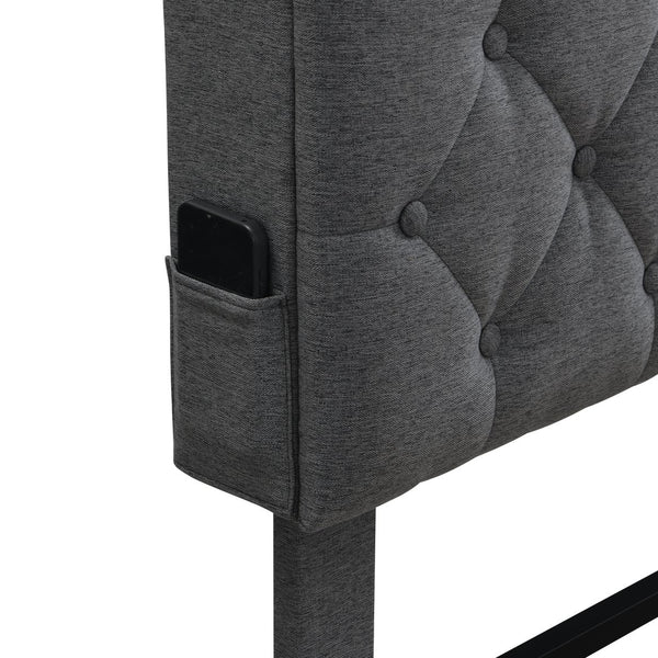 English Elm Queen-Size Upholstered Platform Bed Frame with Button-Tufted Linen Headboard, Built-In USB Hub and Storage Dark Gray W311P285482