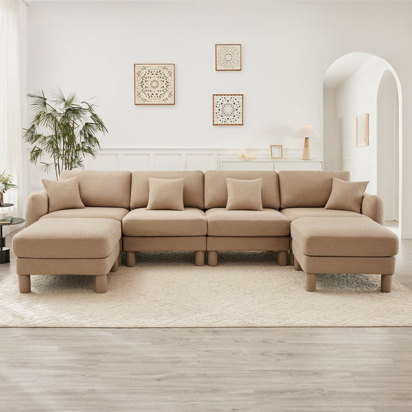 English Elm Boucle U-Shape Sectional Sofa - 4-Seater With Shell Armrests & Movable Ottomans In Coffee Color W3041S00289