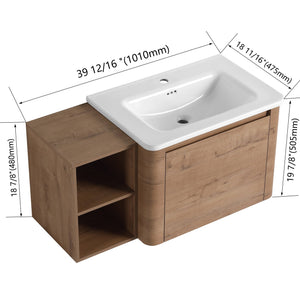 English Elm 40'' Wall-Mounted Vanity with White Ceramic Sink, Plywood Shelves, Soft-Close Door, Scratch-Resistant Finish W999S00380