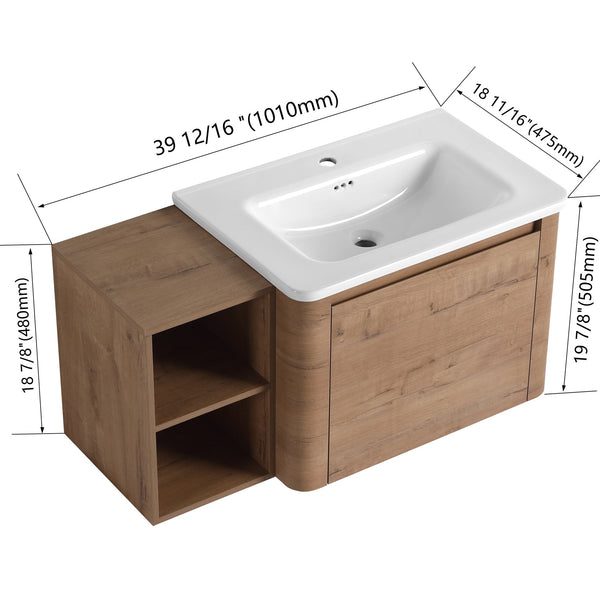 English Elm 40'' Wall-Mounted Vanity with White Ceramic Sink, Plywood Shelves, Soft-Close Door, Scratch-Resistant Finish W999S00380