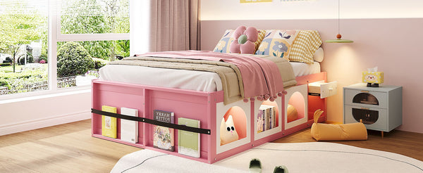 English Elm Full Size Kids Platform Bed with Led Lighting Bookshelf Display Cabinet and Storage Drawer Pink+White N820S00077H