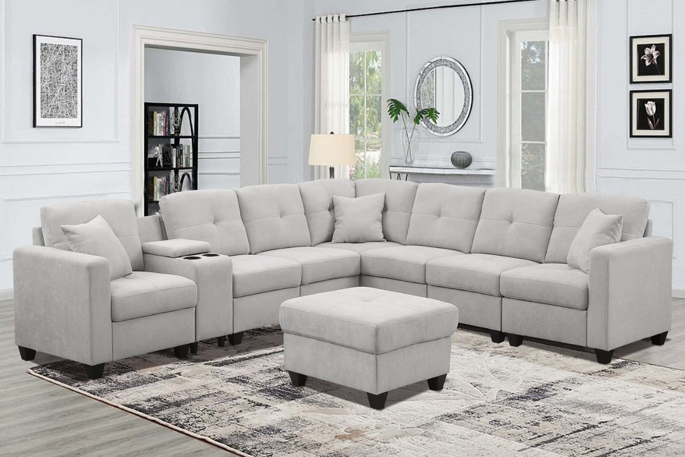 English Elm Sectional Sofa - Luxurious Light Gray Microfiber With Supportive Cushions & Integrated Cup Holders B205S00080-GIGA