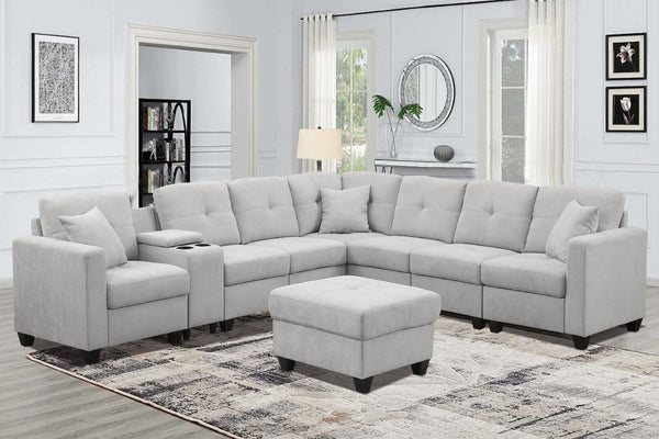English Elm Sectional Sofa - Luxurious Light Gray Microfiber With Supportive Cushions & Integrated Cup Holders B205S00080-GIGA