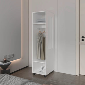 English Elm White Sleek 3-Shelf Wardrobe on Wheels with Mirror Door, Melamine Finish, Space-Saving Storage Solution B062P227646