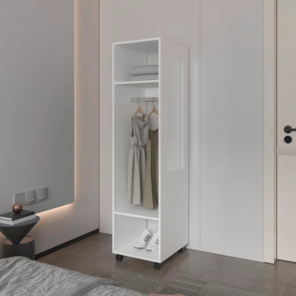 English Elm White Sleek 3-Shelf Wardrobe on Wheels with Mirror Door, Melamine Finish, Space-Saving Storage Solution B062P227646