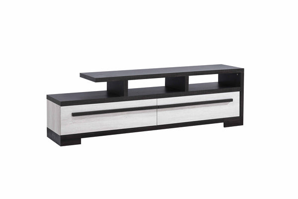 English Elm 1pc Modern Entertainment Console with Industrial Edge, Grey Wood Finish, Open Shelf & Two Drawers Beige,Ebony 19.37 L x 72.79 W x 22.48 H B2741P295141