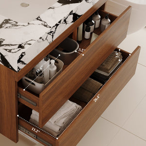 English Elm 29.9" Floating Bathroom Vanity Sintered Stone Top Soft Close Drawers Bronze Gold Hardware W3136S00040