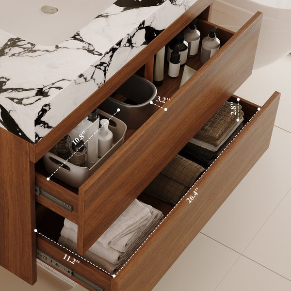 English Elm 29.9" Floating Bathroom Vanity Sintered Stone Top Soft Close Drawers Bronze Gold Hardware W3136S00040