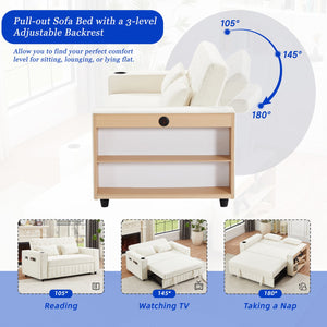 English Elm 61.4" Pull-out Sofa Bed Loveseat with Adjustable 3-Position Backrest, USB Ports, Cup Holders, Storage Rack Beige N719S001900A