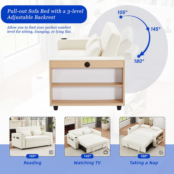 English Elm 61.4" Pull-out Sofa Bed Loveseat with Adjustable 3-Position Backrest, USB Ports, Cup Holders, Storage Rack Beige N719S001900A