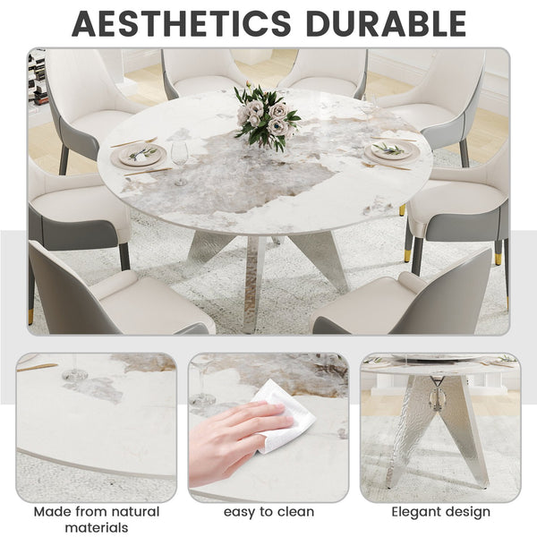 English Elm 59.05" Round Marble Dining Table - Sturdy Stainless Steel Base, Seats 6-8, Stylish For Modern Homes W1535S00463