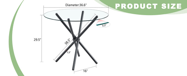 English Elm A circular tempered glass round table 36.6" diameter with sleek black ring metal legs, modern design W1151P294396
