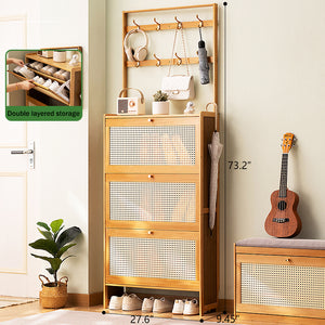 English Elm Shoe Bamboo 3-Drawer Rattan Flip Shoe Cabinet with 8 Hooks, Anti-Tip Entryway Storage Organizer W2641P381049