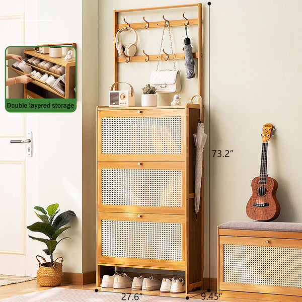 English Elm Shoe Bamboo 3-Drawer Rattan Flip Shoe Cabinet with 8 Hooks, Anti-Tip Entryway Storage Organizer W2641P381049