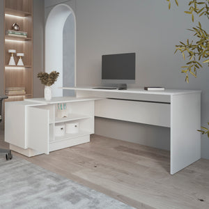 English Elm L-Shaped Desk Farrell White with 65" Work Surface, Integrated Cabinet & Open Shelves for Office Use B092S00266