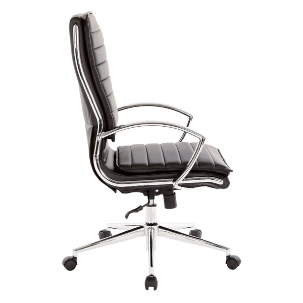 OSP Home Furnishings High Back Executive Office Chair with Faux Leather Upholstery Lumbar Support Chrome Arms Black SPX23590C-U6