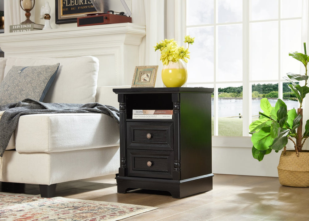 English Elm Farmhouse Rustic Nightstand with Built-in Charging Station Barn Wood Grain Storage Black W2393P324431