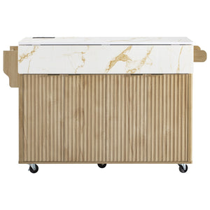 English Elm K&k Fluted Rolling Kitchen Island Faux Marble Top Power Outlet Storage Drawers Natural N707P353934Y