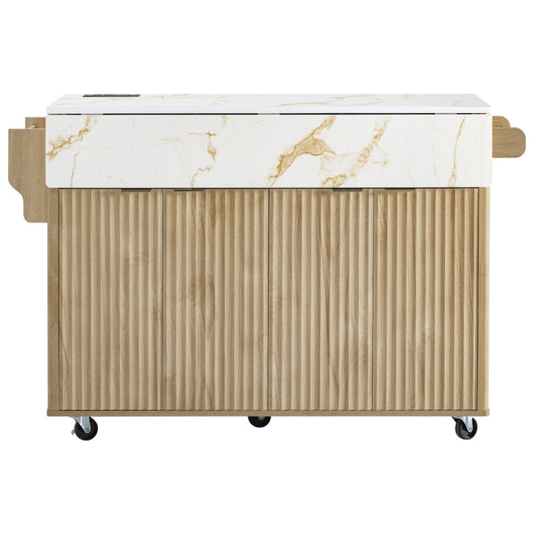 English Elm K&k Fluted Rolling Kitchen Island Faux Marble Top Power Outlet Storage Drawers Natural N707P353934Y