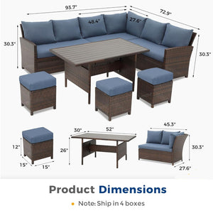 English Elm 7 Piece Outdoor Wicker Dining Set Modular Sectional Sofa Ottomans and Patio Table Blue+Brown B082S00076