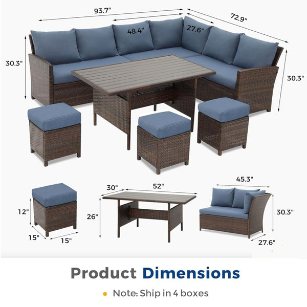 English Elm 7 Piece Outdoor Wicker Dining Set Modular Sectional Sofa Ottomans and Patio Table Blue+Brown B082S00076