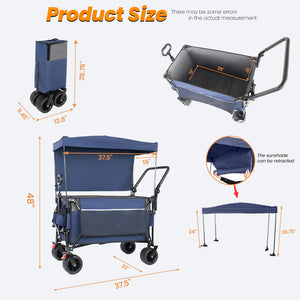 English Elm Multi-functional Heavy Duty Folding Wagon with Canopy Steel Frame All Terrain Wheels Blue Gray W2932P417648