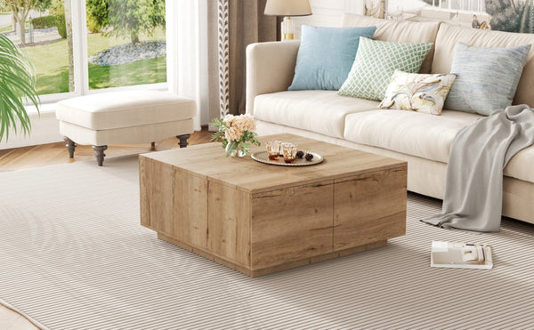 English Elm 33.25" Square Storage Coffee Table Four Drawer Matte Mdf Living Room Centerpiece Natural N735P422508N