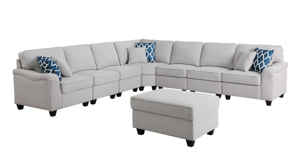 English Elm Luce Eight Piece Modular Sectional Linen Sofa with Ottoman for Spacious Living Rooms B2749S00090