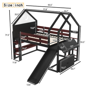 English Elm Full Size Pine Loft Bed House Frame with Slide Bookshelves and Moon Star Rails W1580S00314