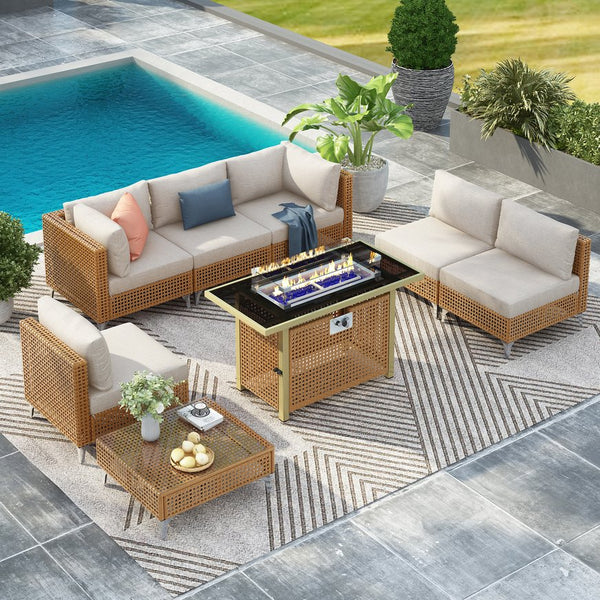 English Elm K&K 8-Piece Patio Conversation Set with 43" 60,000 BTU Propane Fire Pit, UV Wicker & Thick Cushions Beige,Orange N707S000012Z