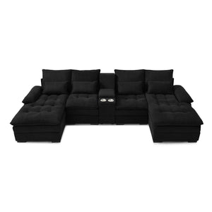 English Elm 130" U-shaped Sectional Sofa Six Seat Linen Upholstered with Built-in Console and Chaise Black W1117S00270