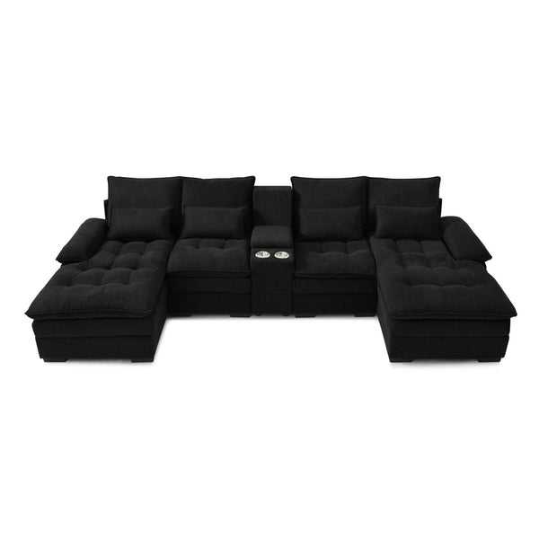 English Elm 130" U-shaped Sectional Sofa Six Seat Linen Upholstered with Built-in Console and Chaise Black W1117S00270
