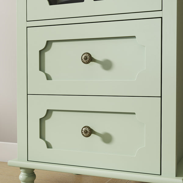 English Elm Minimalism Mint Green Buffet Cabinet with Tempered Glass, Solid Wood Legs, Spacious Drawer & Shelves W2557P355889